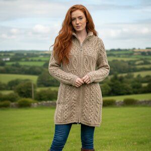 Aran Mor Ireland Merino Wool 3/4 length Cardigan Cable Chunky Knit Sweater